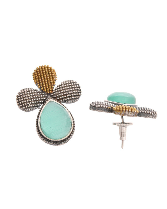 VOJ Silver Toned Teal Stone Studded Elegant Earrings - Swadesiicart