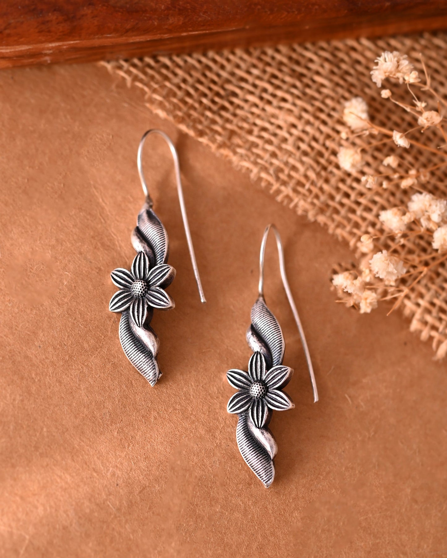VOJ Silver Plated Floral Shaped Drop Earrings - Swadesiicart