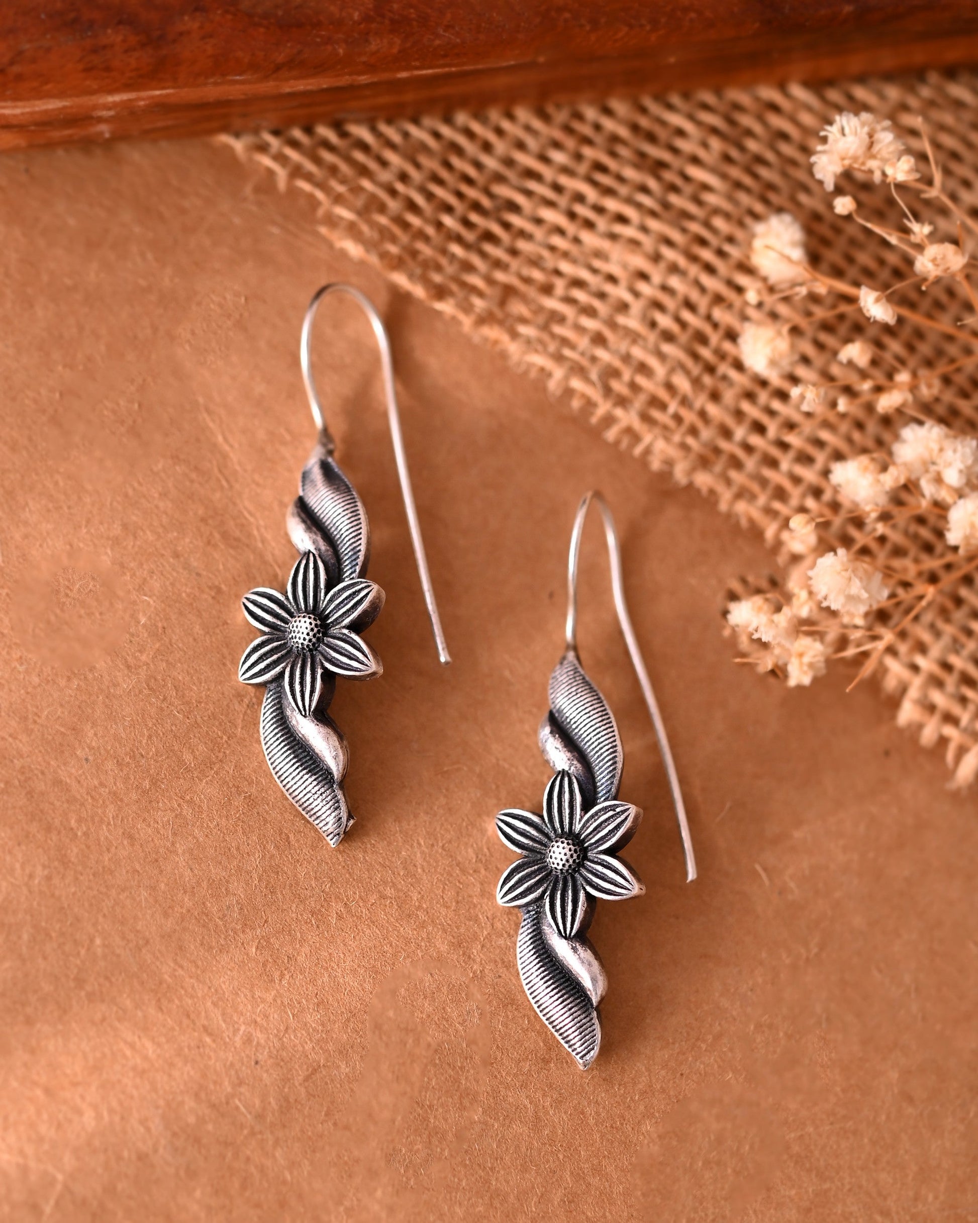 VOJ Silver Plated Floral Shaped Drop Earrings - Swadesiicart
