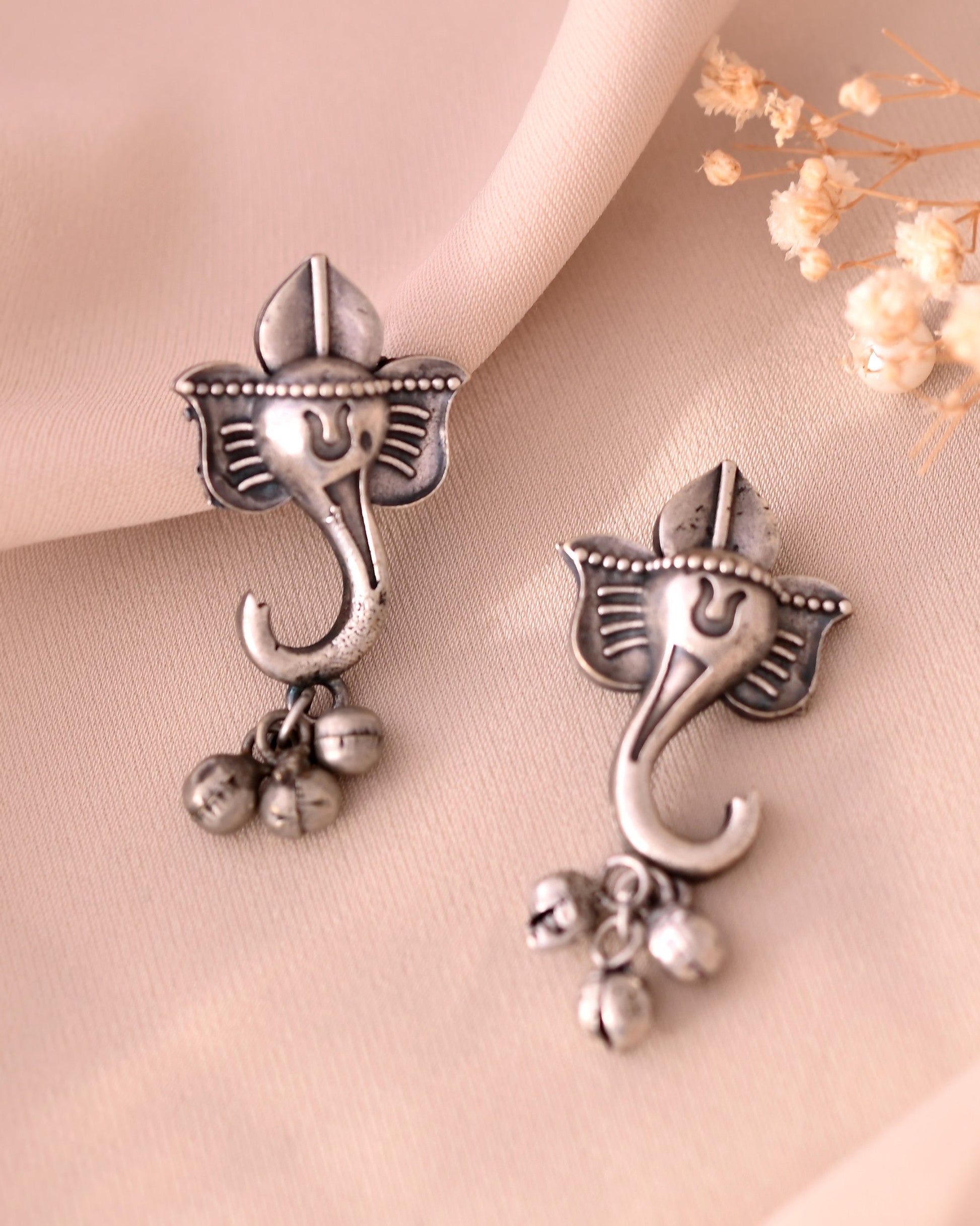 VOJ Silver Toned Designer Temple Earrings - Swadesiicart