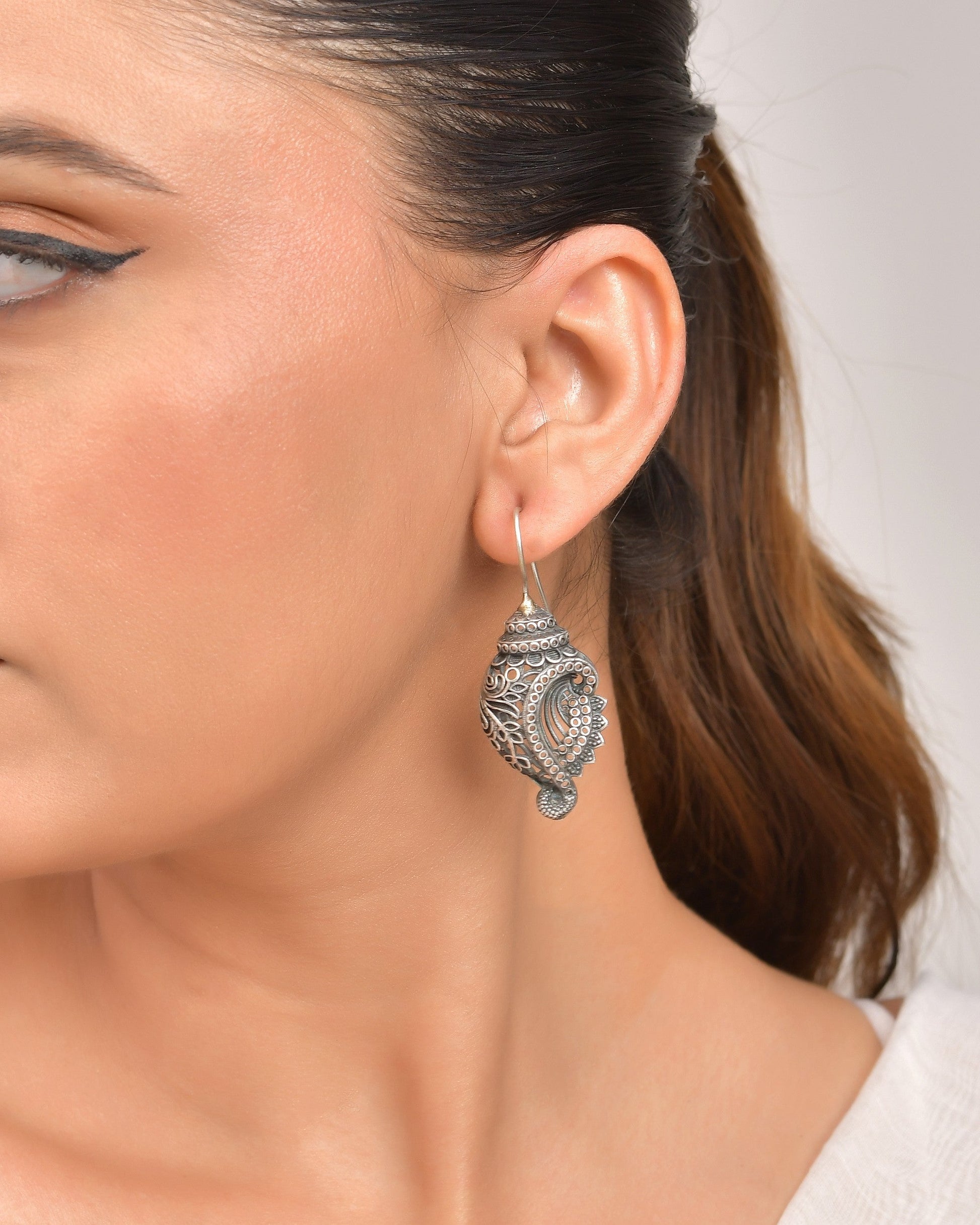 VOJ Silver Toned Designer Drop Earrings - Swadesiicart