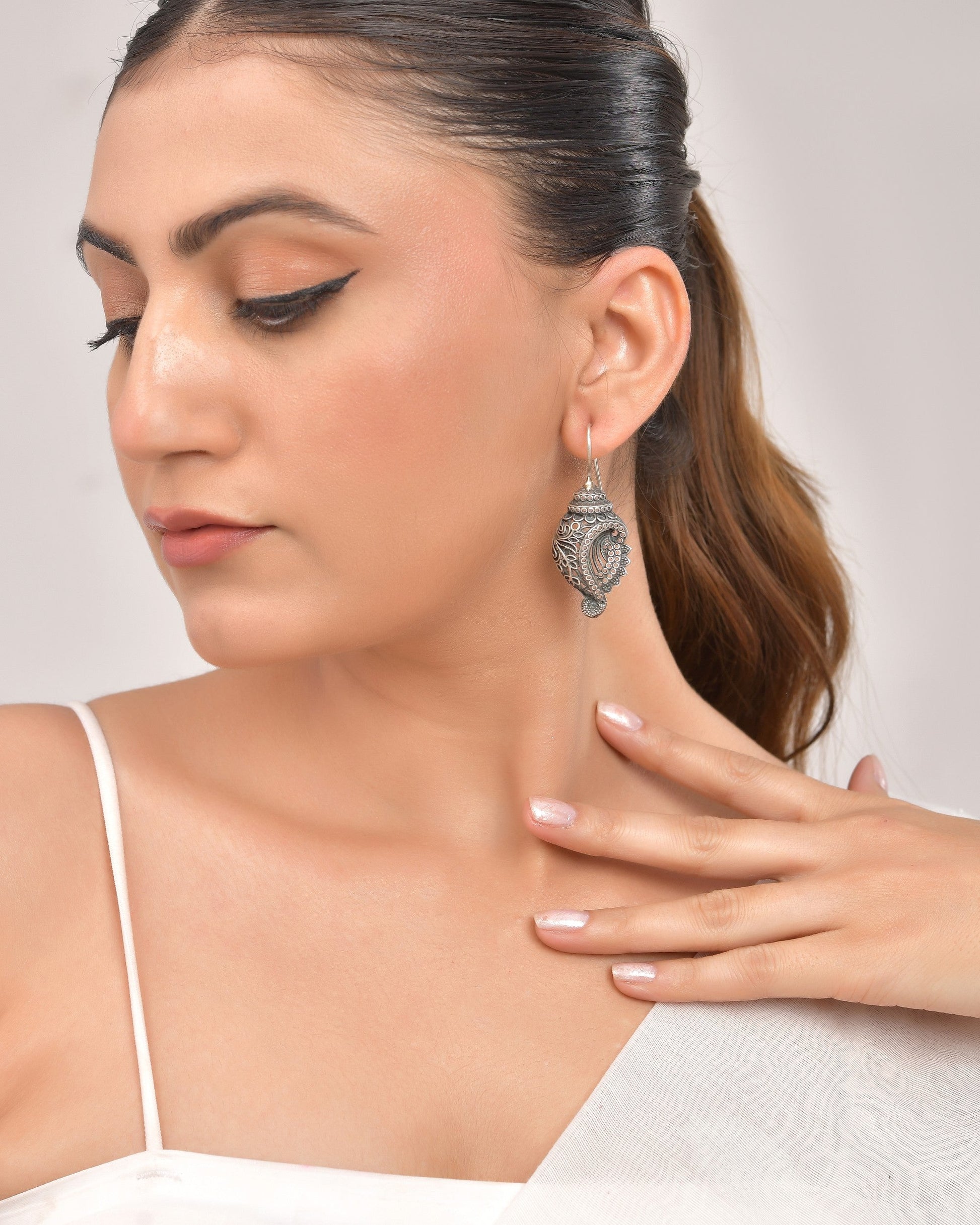 VOJ Silver Toned Designer Drop Earrings - Swadesiicart