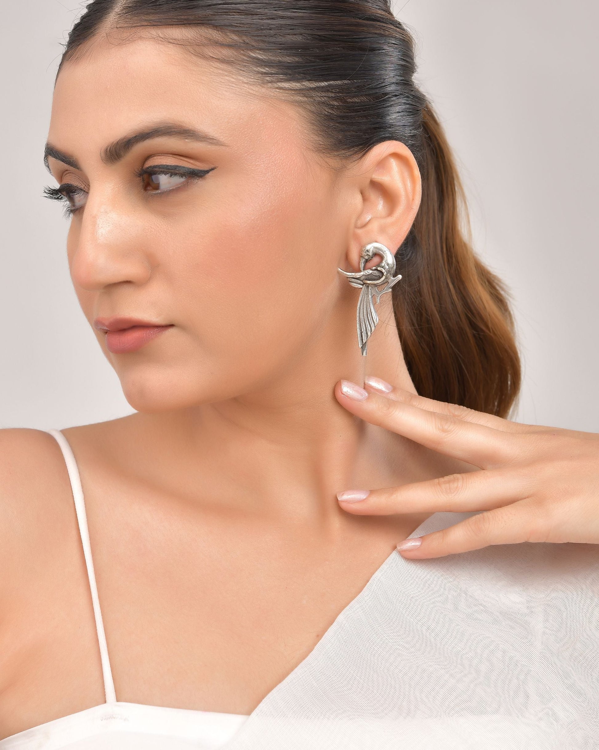 VOJ Silver Plated Bird Shaped Designer Studs Earrings - Swadesiicart