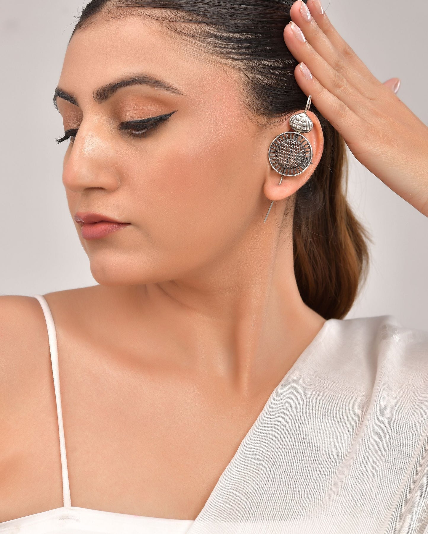 VOJ Silver Plated Circular Shaped Ear Cuff - Swadesiicart