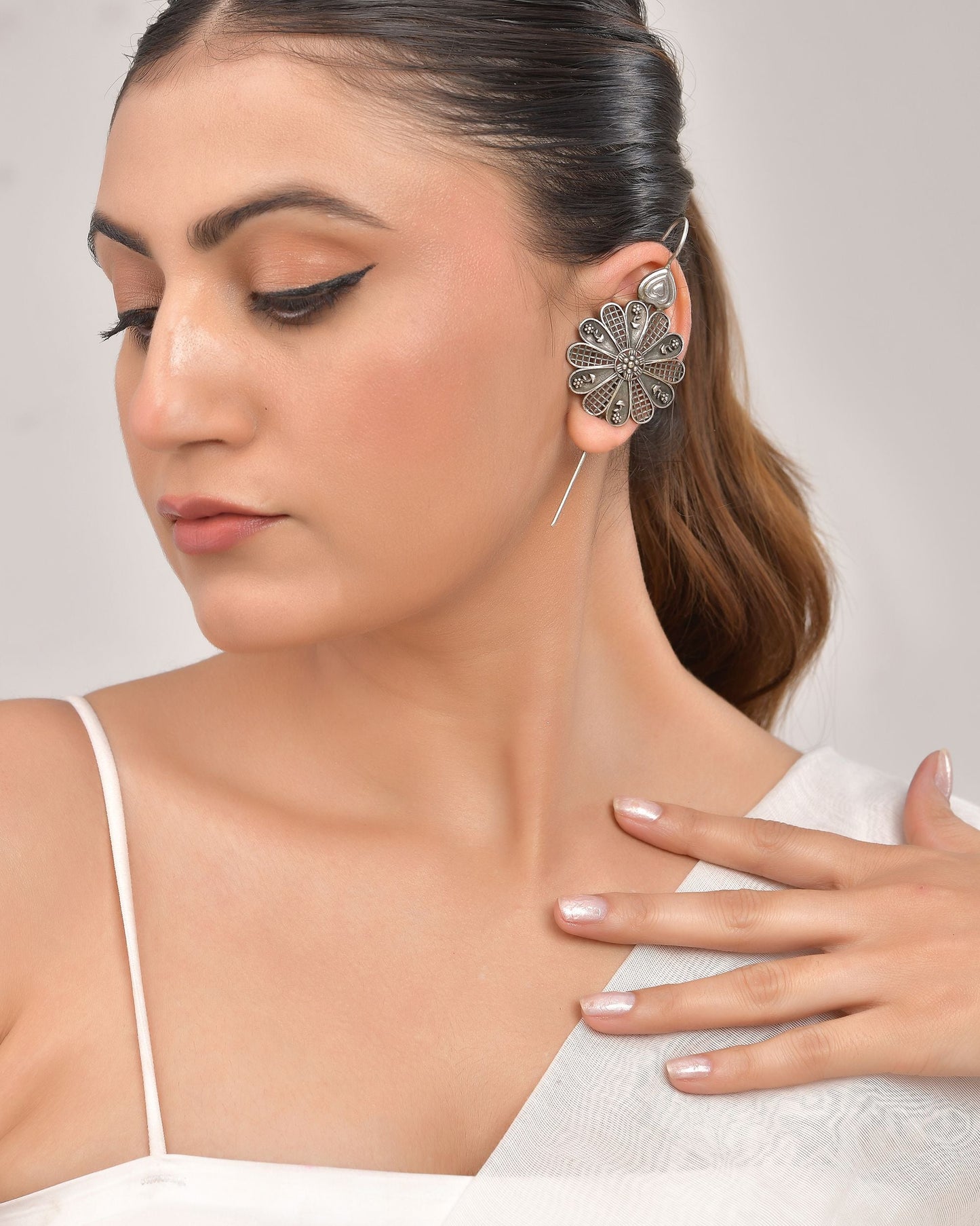 VOJ Silver Plated Flower Shaped Elegant Ear Cuff - Swadesiicart
