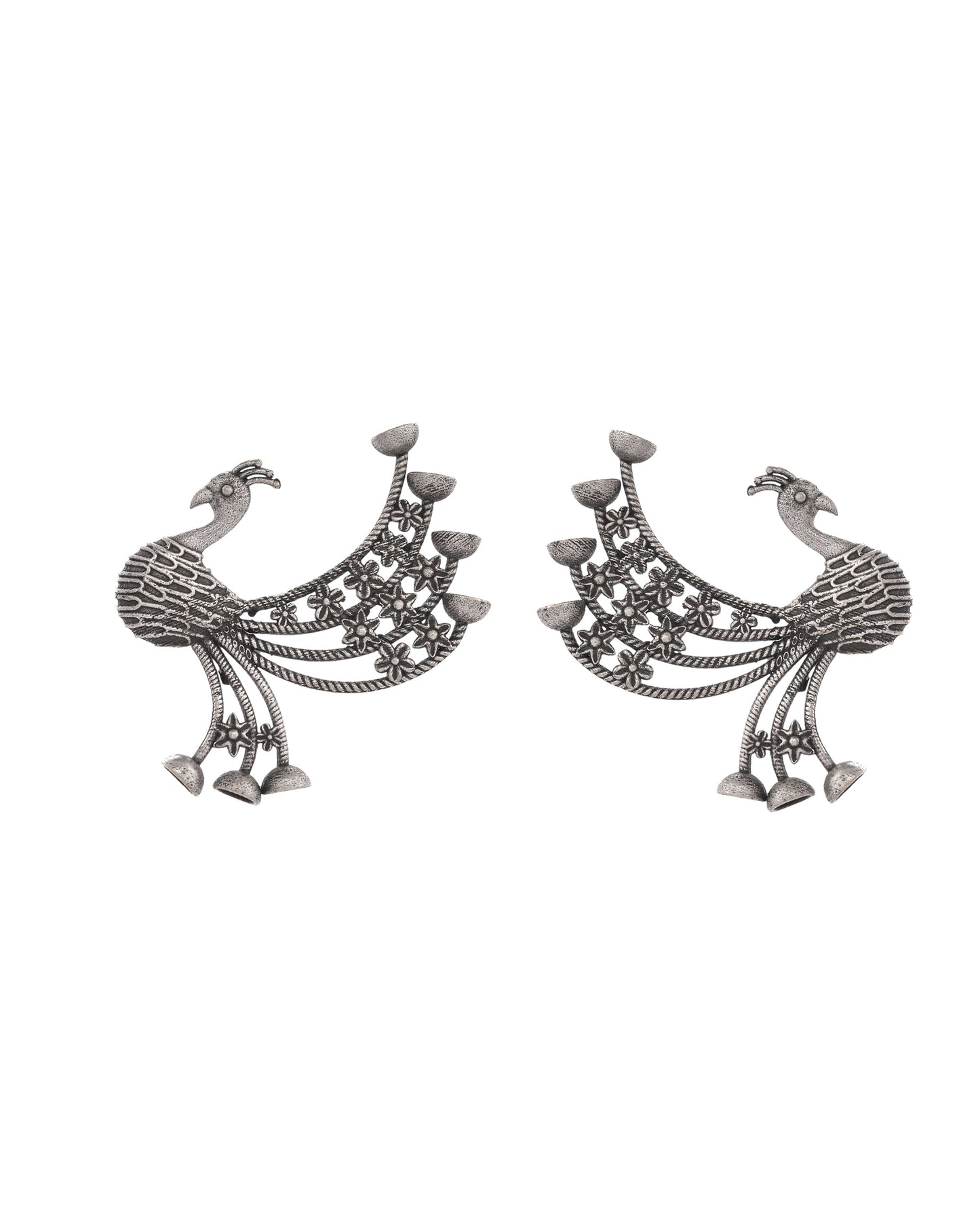 VOJ Silver Plated Dancing Peacock Shaped Studs Earrings - Swadesiicart