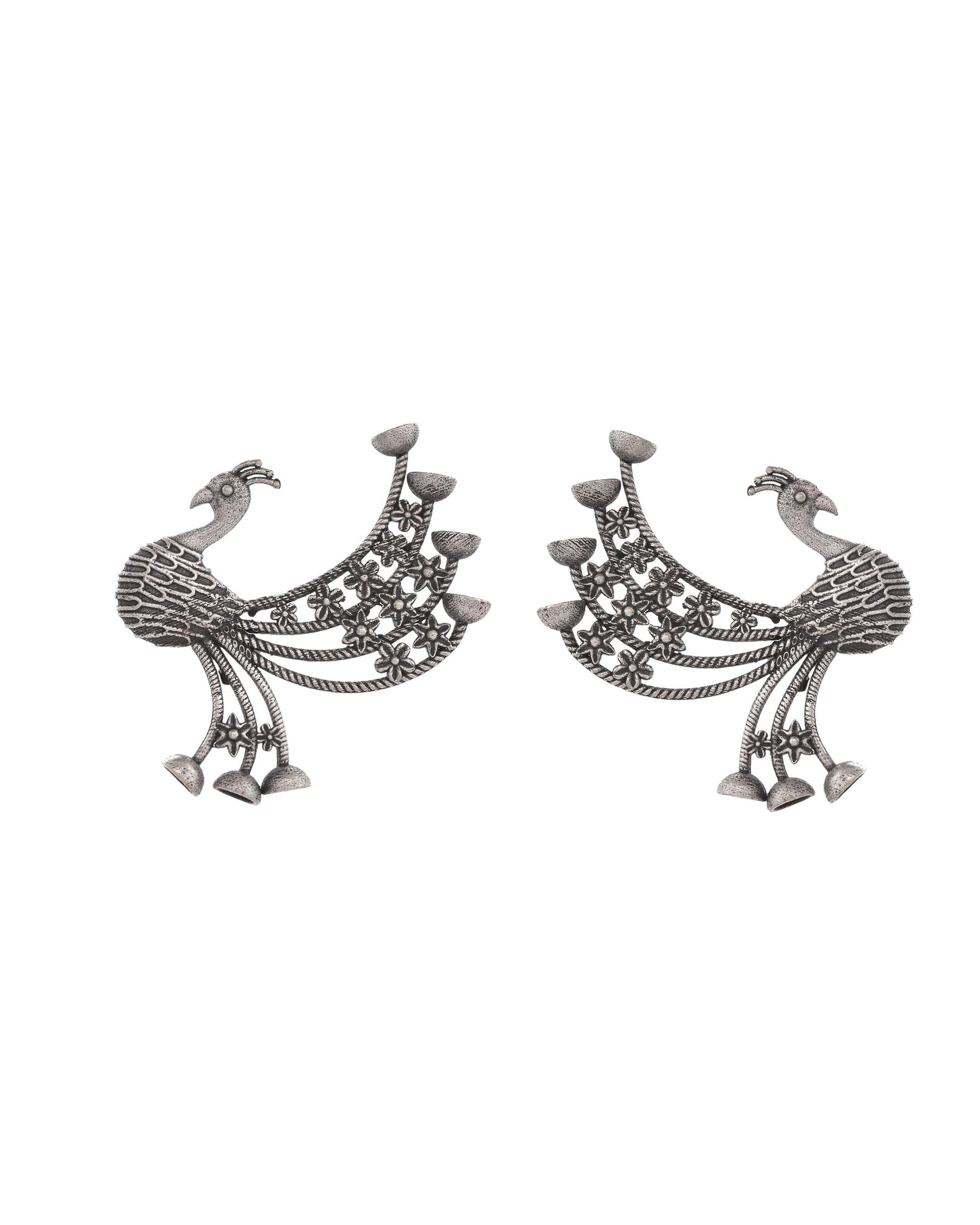 VOJ Silver Plated Dancing Peacock Shaped Studs Earrings - Swadesiicart