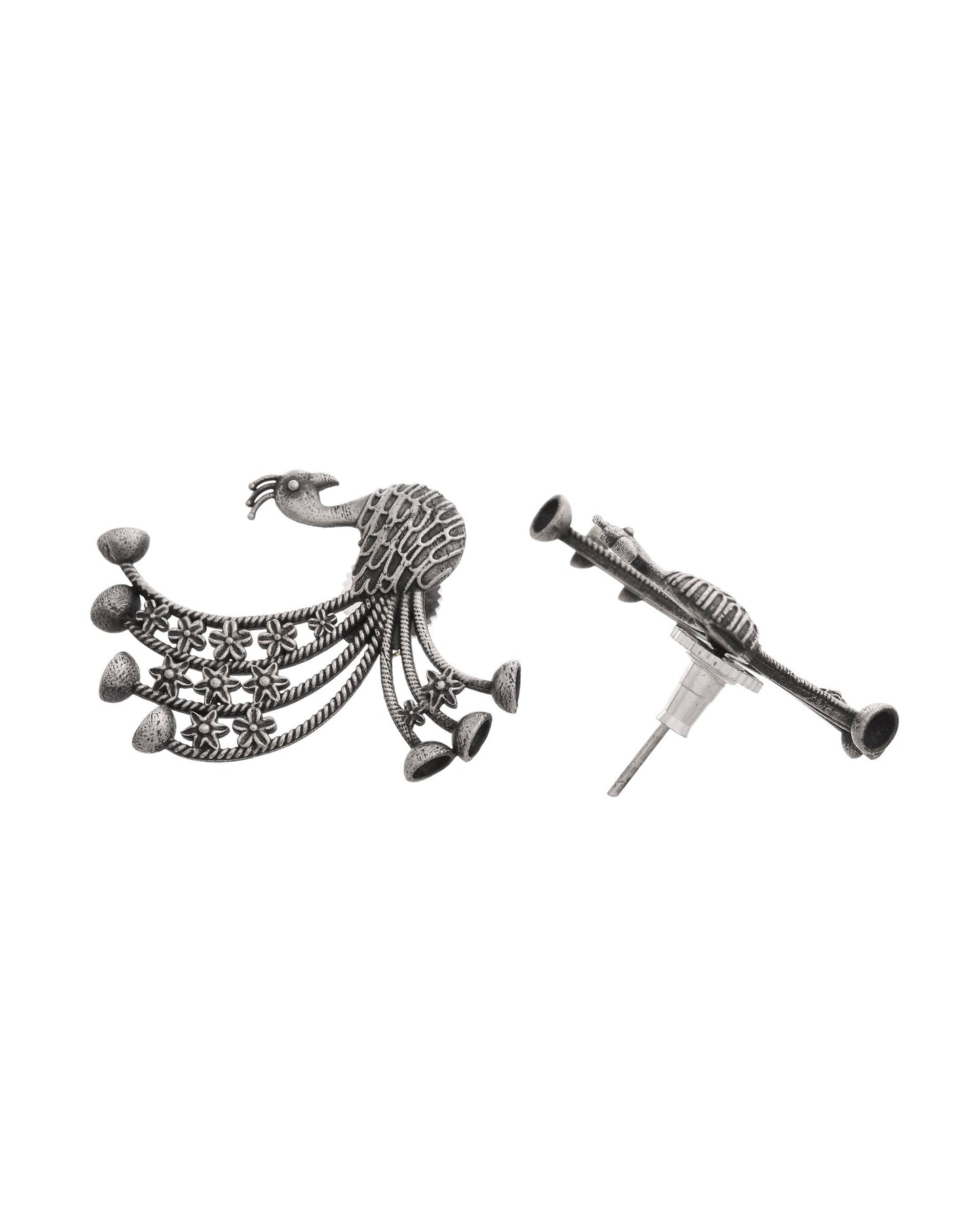 VOJ Silver Plated Dancing Peacock Shaped Studs Earrings - Swadesiicart
