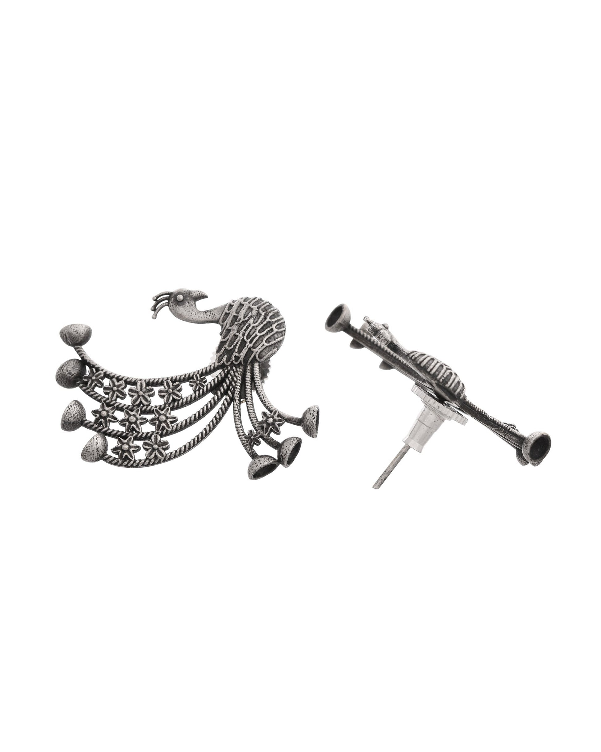 VOJ Silver Plated Dancing Peacock Shaped Studs Earrings - Swadesiicart