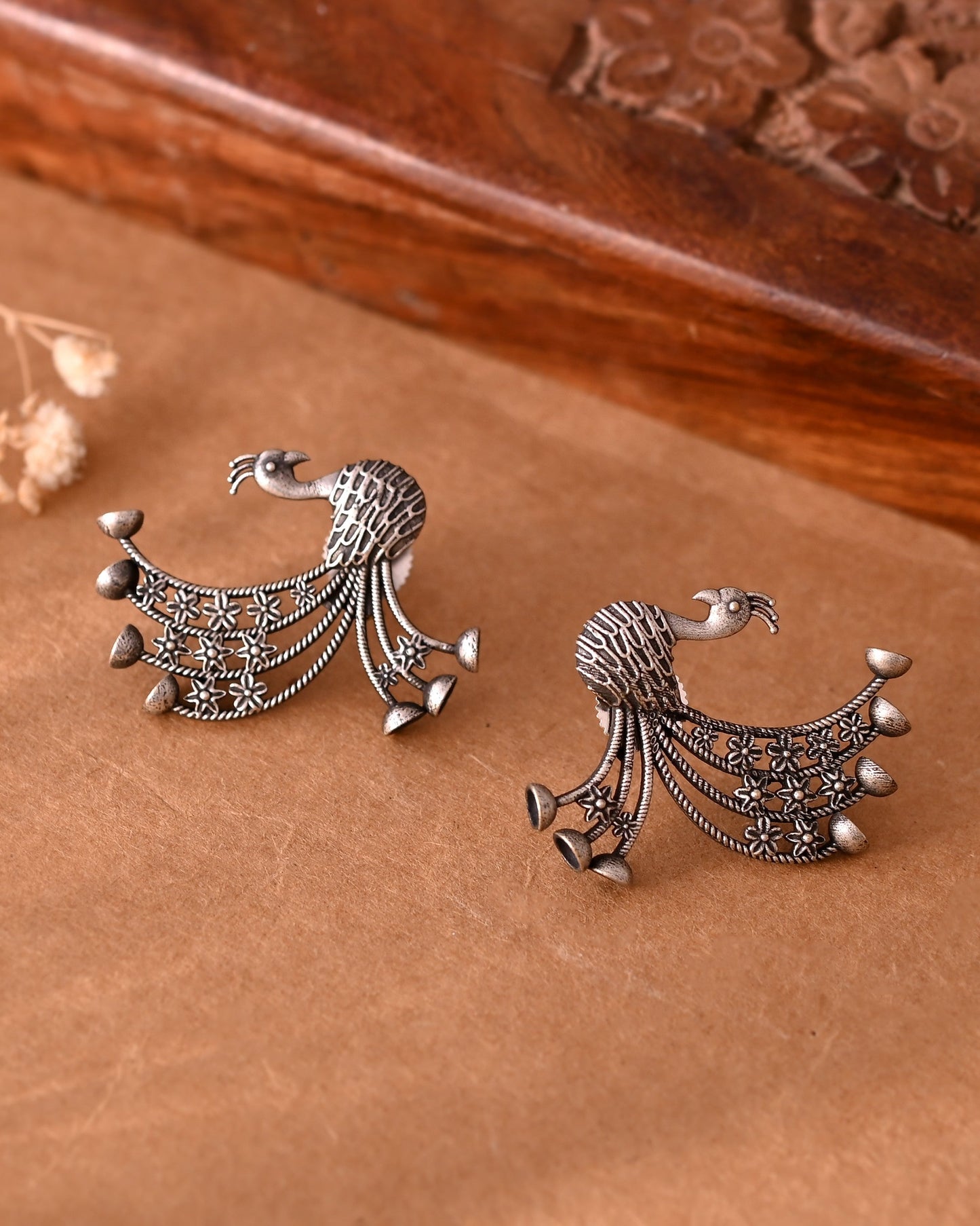 VOJ Silver Plated Dancing Peacock Shaped Studs Earrings - Swadesiicart