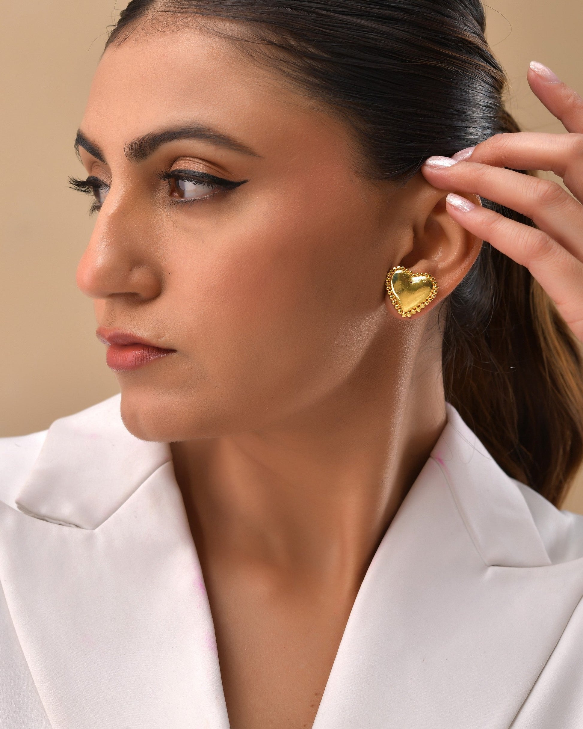 VOJ Gold Polished Heart Shaped Studs Earrings - Swadesiicart