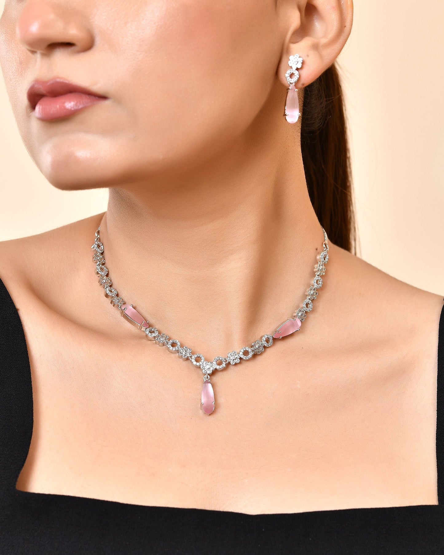 VOJ Silver Plated Baby Pink Stone Studded Ad Jewellery Set