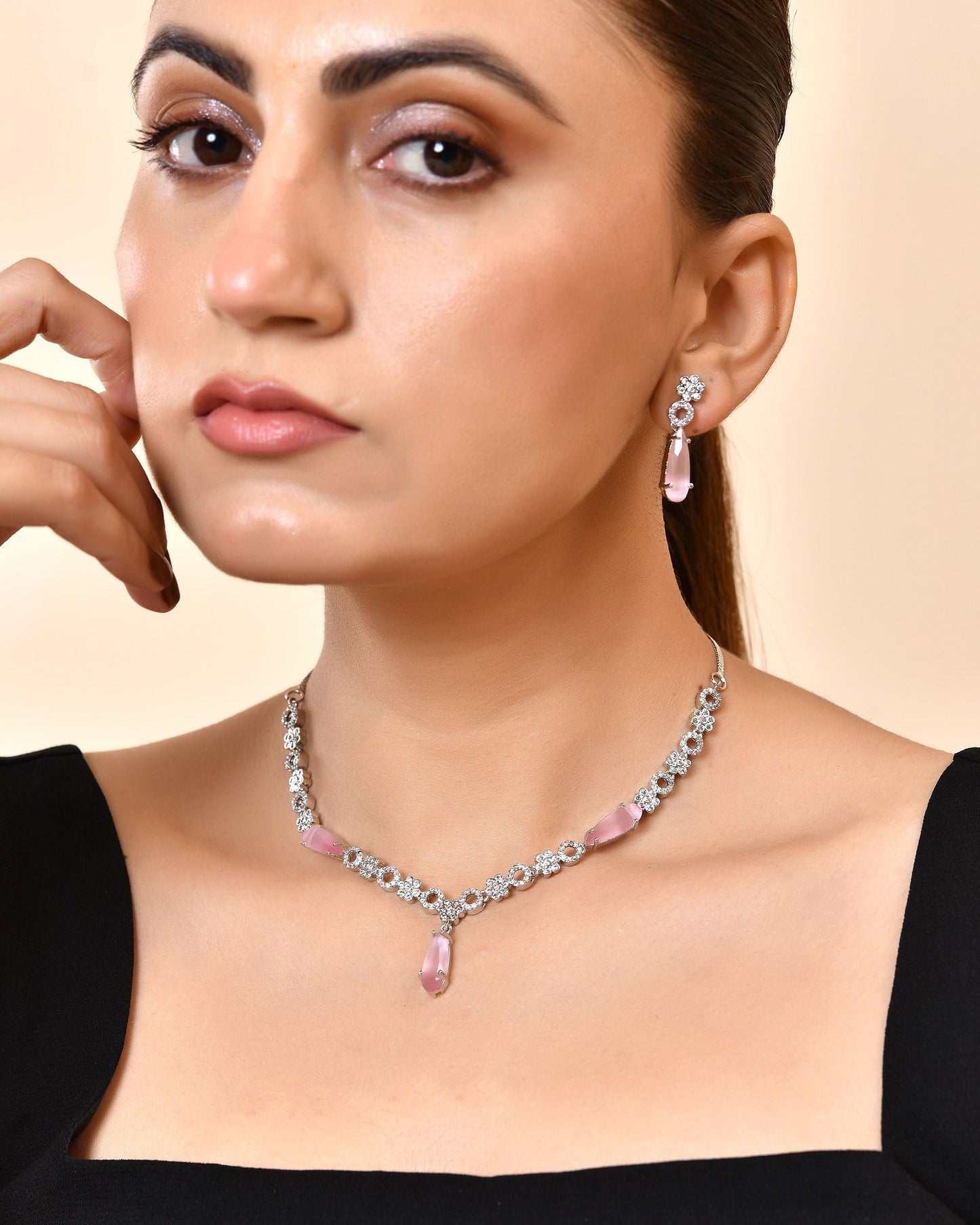 VOJ Silver Plated Baby Pink Stone Studded Ad Jewellery Set