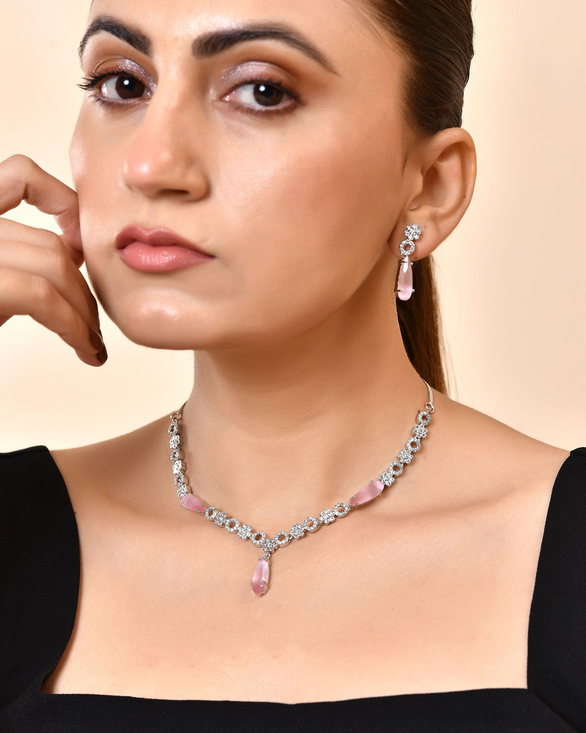 VOJ Silver Plated Baby Pink Stone Studded Ad Jewellery Set