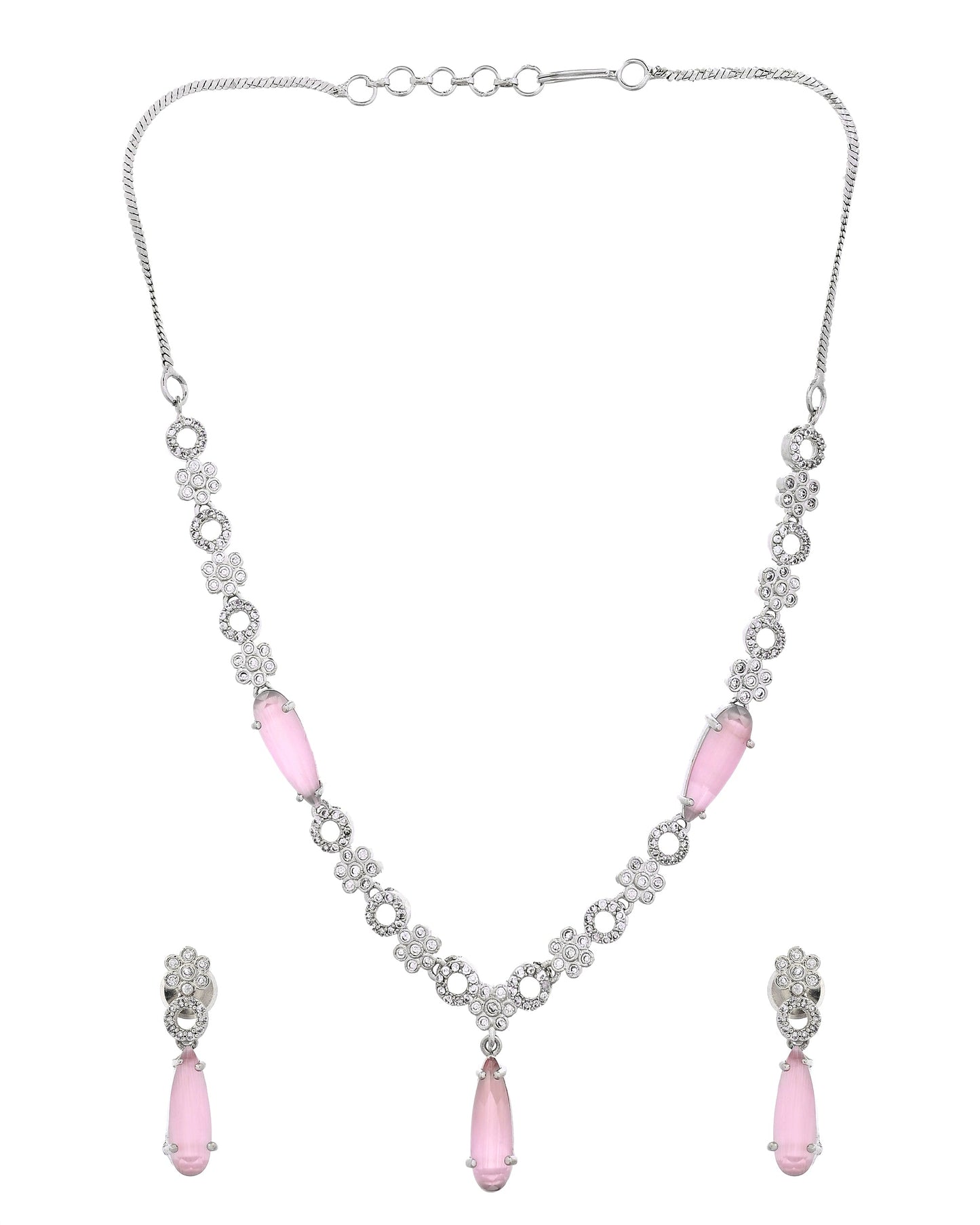 VOJ Silver Plated Baby Pink Stone Studded Ad Jewellery Set