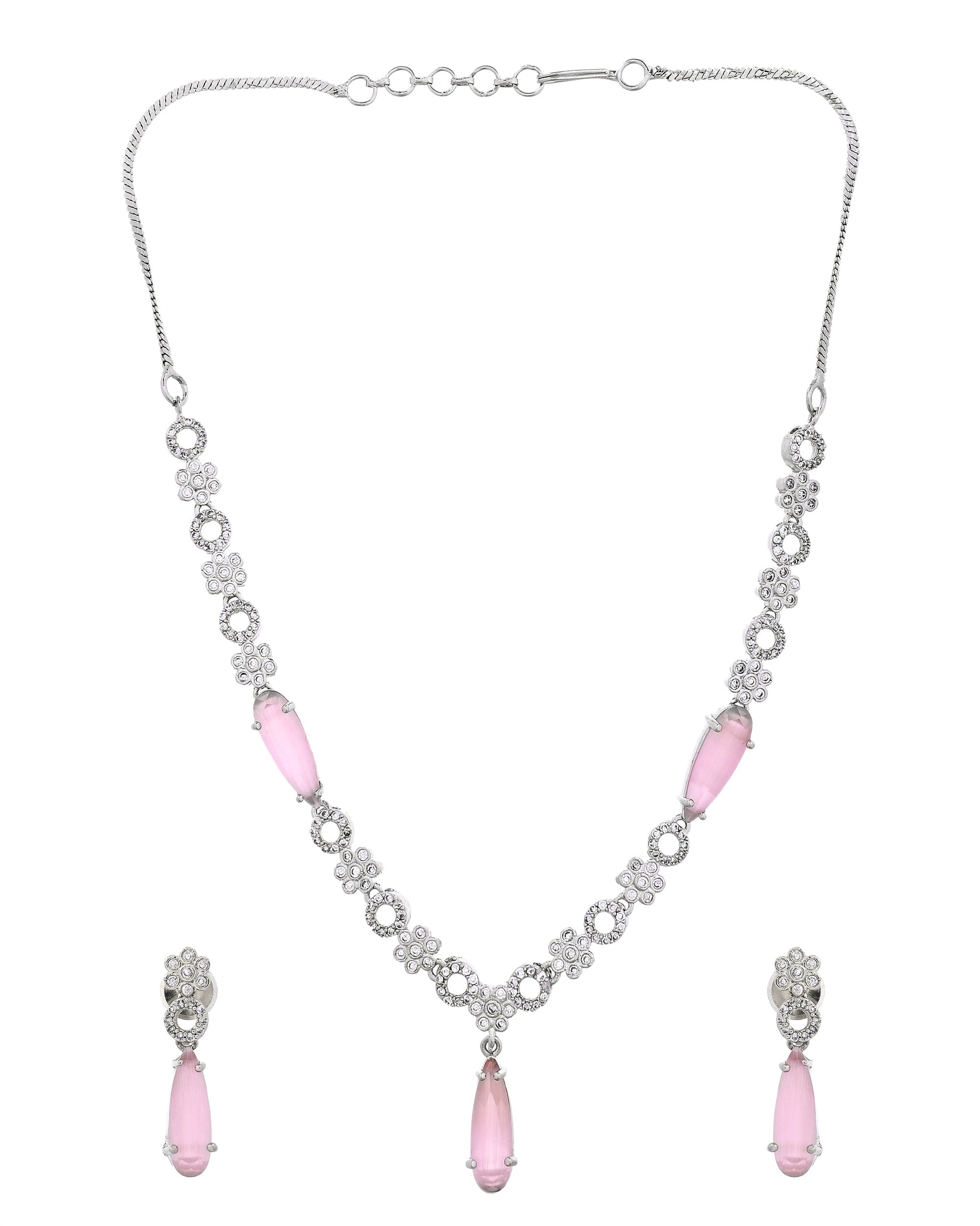 VOJ Silver Plated Baby Pink Stone Studded Ad Jewellery Set