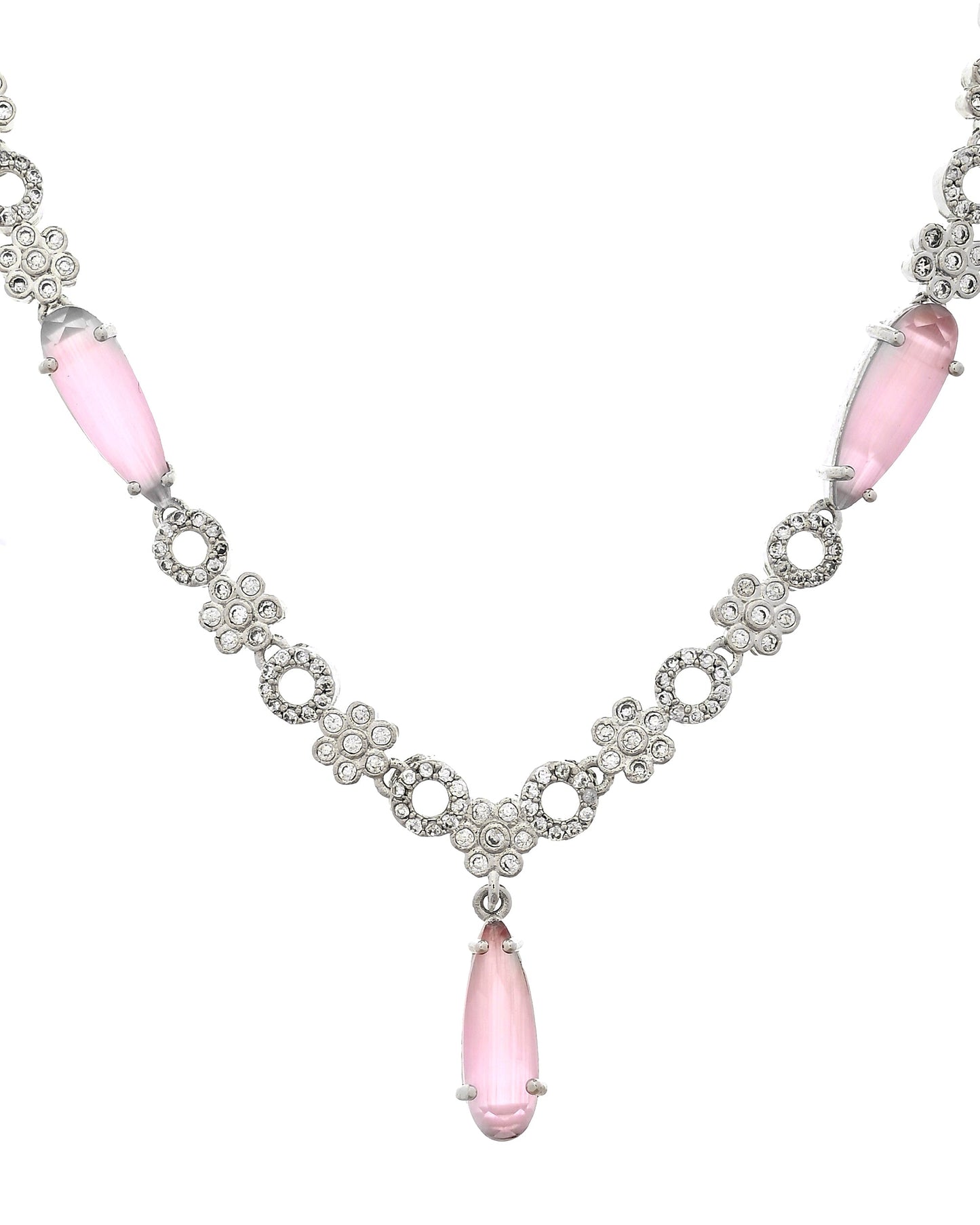 VOJ Silver Plated Baby Pink Stone Studded Ad Jewellery Set