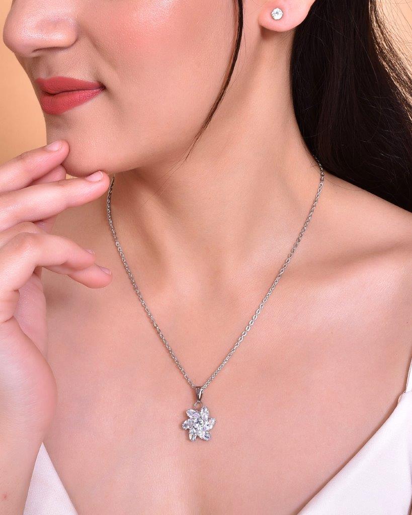 VOJ Silver Plated Flower Pendant Set - VOJ (Valley Of Jewellery)