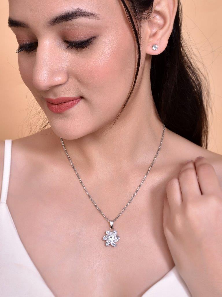 VOJ Silver Plated Flower Pendant Set - Swadesiicart
