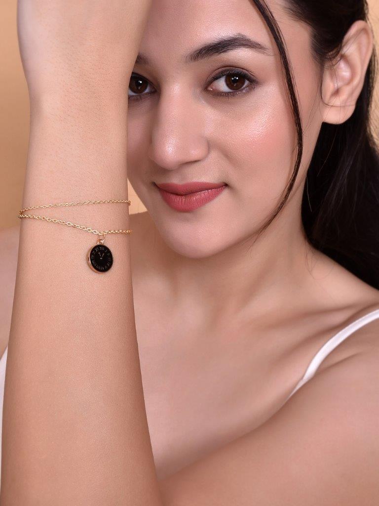 VOJ Gold-Polished Black Clock Charm Bracelet - Swadesiicart