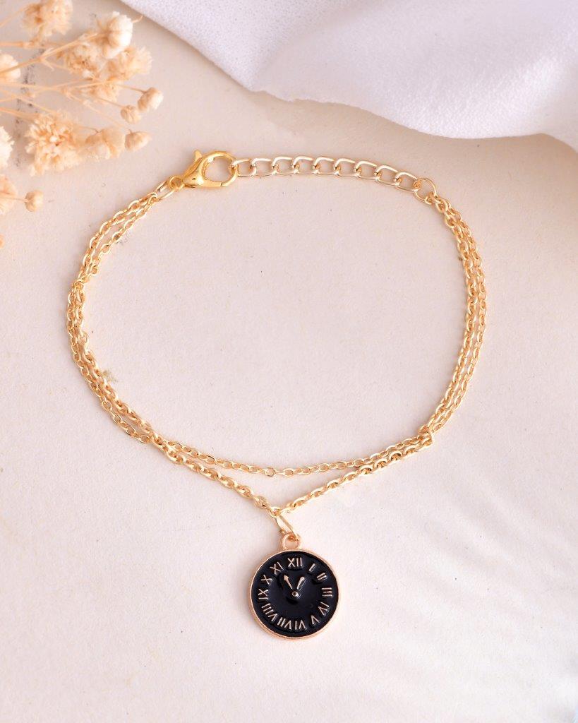 VOJ Gold-Polished Black Clock Charm Bracelet - Swadesiicart