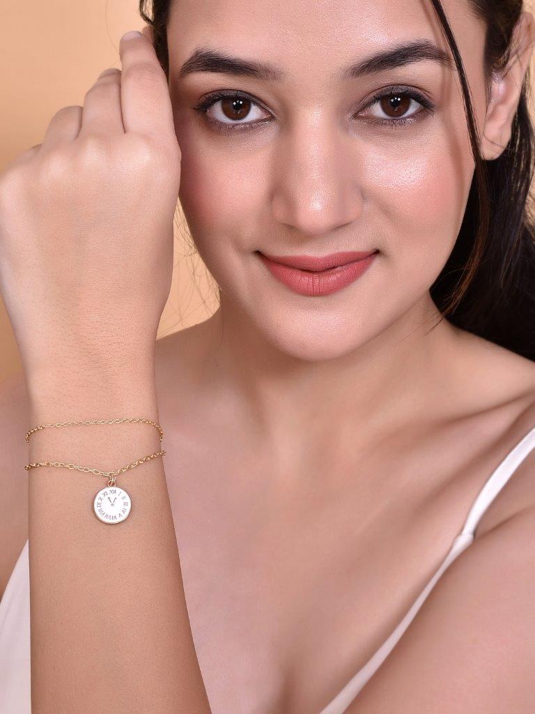 VOJ Gold-Polished White Clock Charm Bracelet - Swadesiicart