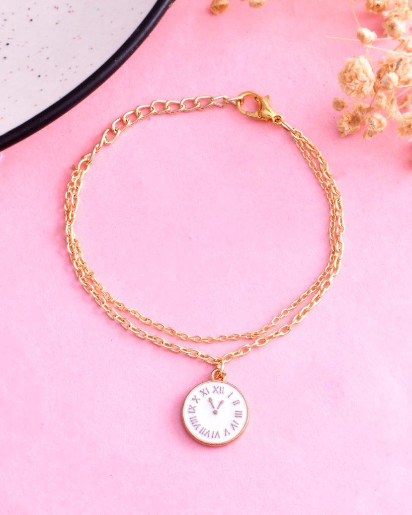 VOJ Gold-Polished White Clock Charm Bracelet - Swadesiicart