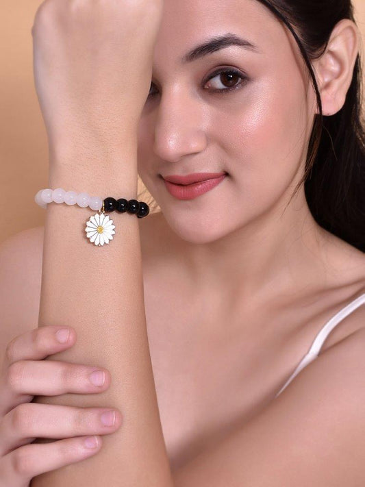 VOJ Black White Beads White Flower Elastic Bracelet - VOJ (Valley Of Jewellery)