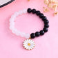 VOJ Black White Beads White Flower Elastic Bracelet - Swadesiicart