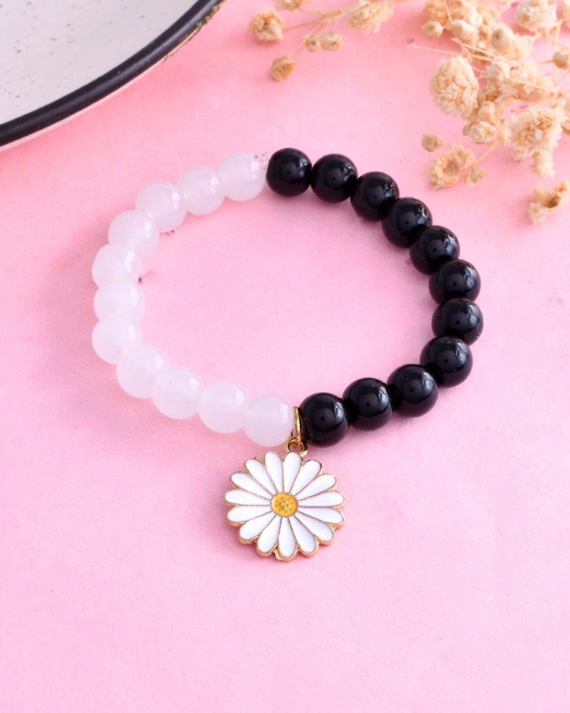 VOJ Black White Beads White Flower Elastic Bracelet - Swadesiicart
