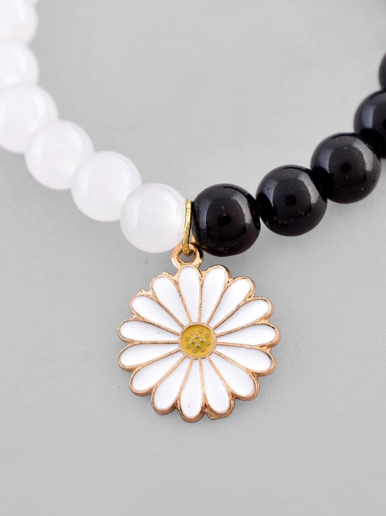 VOJ Black White Beads White Flower Elastic Bracelet - Swadesiicart