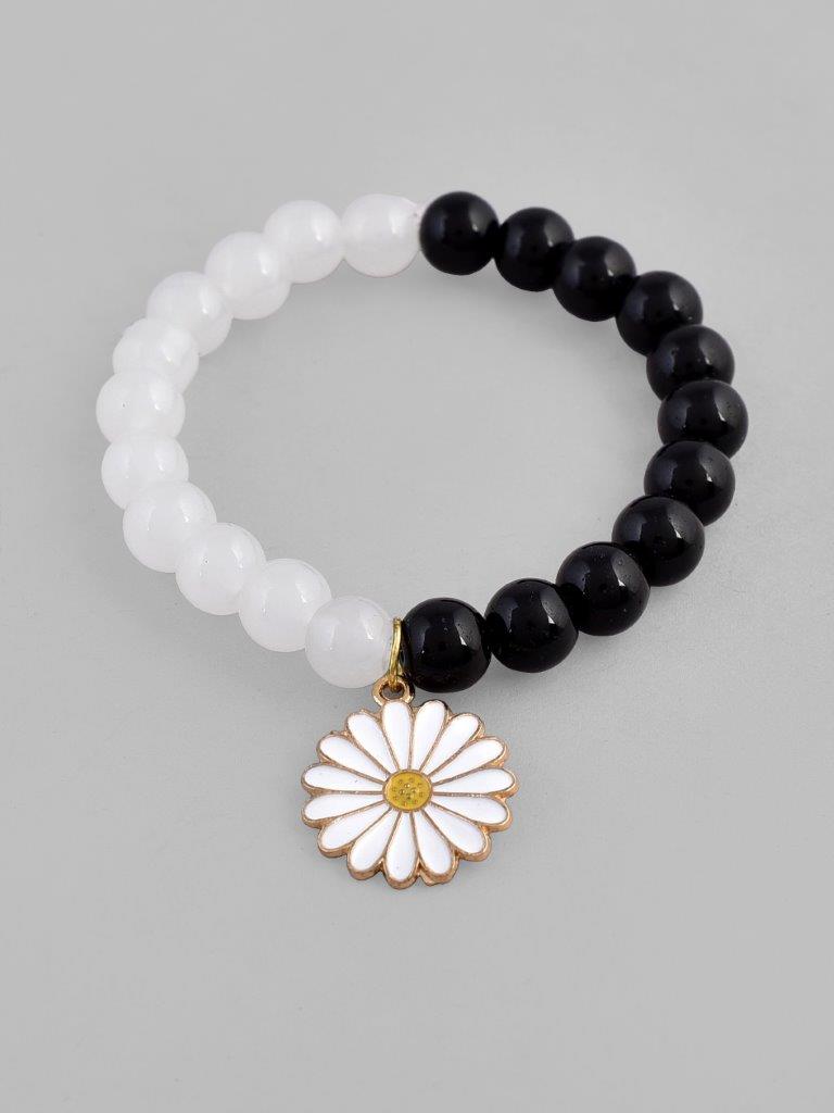 VOJ Black White Beads White Flower Elastic Bracelet - Swadesiicart