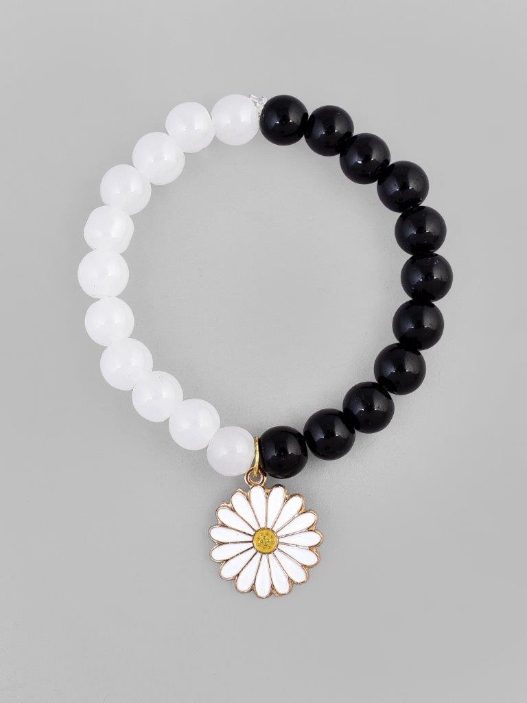 VOJ Black White Beads White Flower Elastic Bracelet - Swadesiicart