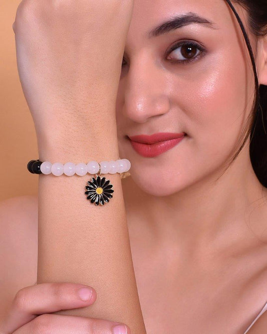 VOJ Black White Beads Black Flower Elastic Bracelet - Swadesiicart