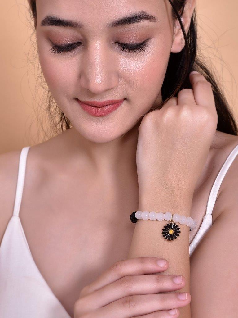 VOJ Black White Beads Black Flower Elastic Bracelet - Swadesiicart