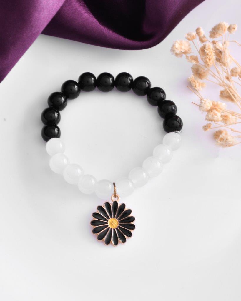 VOJ Black White Beads Black Flower Elastic Bracelet - Swadesiicart