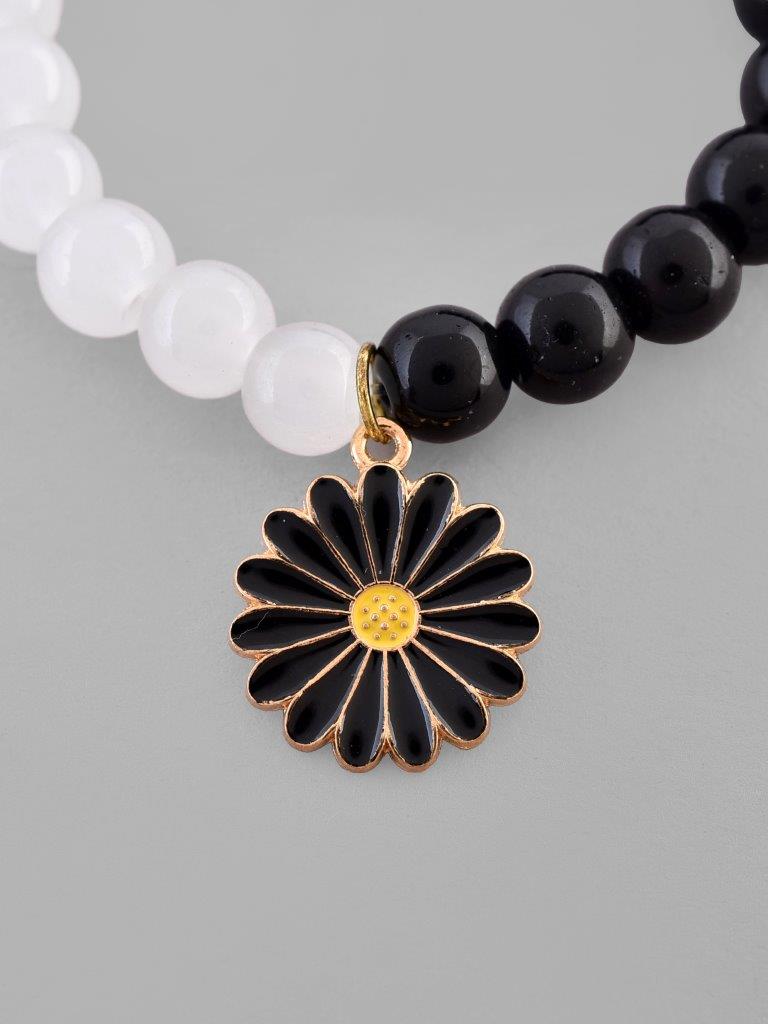 VOJ Black White Beads Black Flower Elastic Bracelet - Swadesiicart