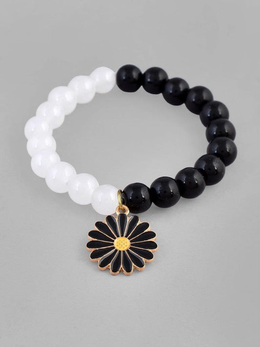 VOJ Black White Beads Black Flower Elastic Bracelet - VOJ (Valley Of Jewellery)
