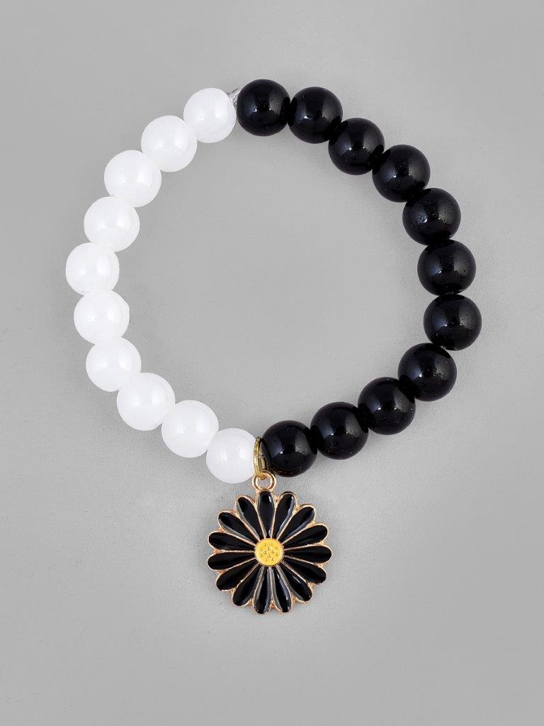 VOJ Black White Beads Black Flower Elastic Bracelet - Swadesiicart