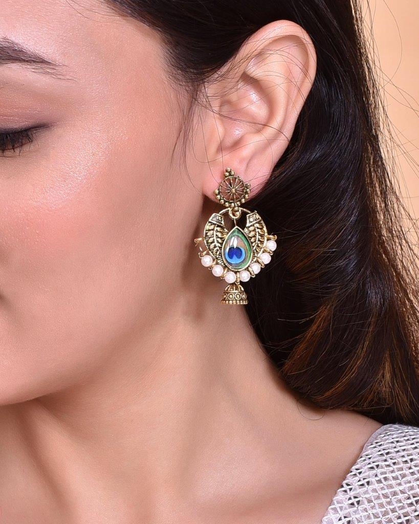 VOJ Gold-Polished Peacock Contemporay Jhumka Earrings - VOJ (Valley Of Jewellery)