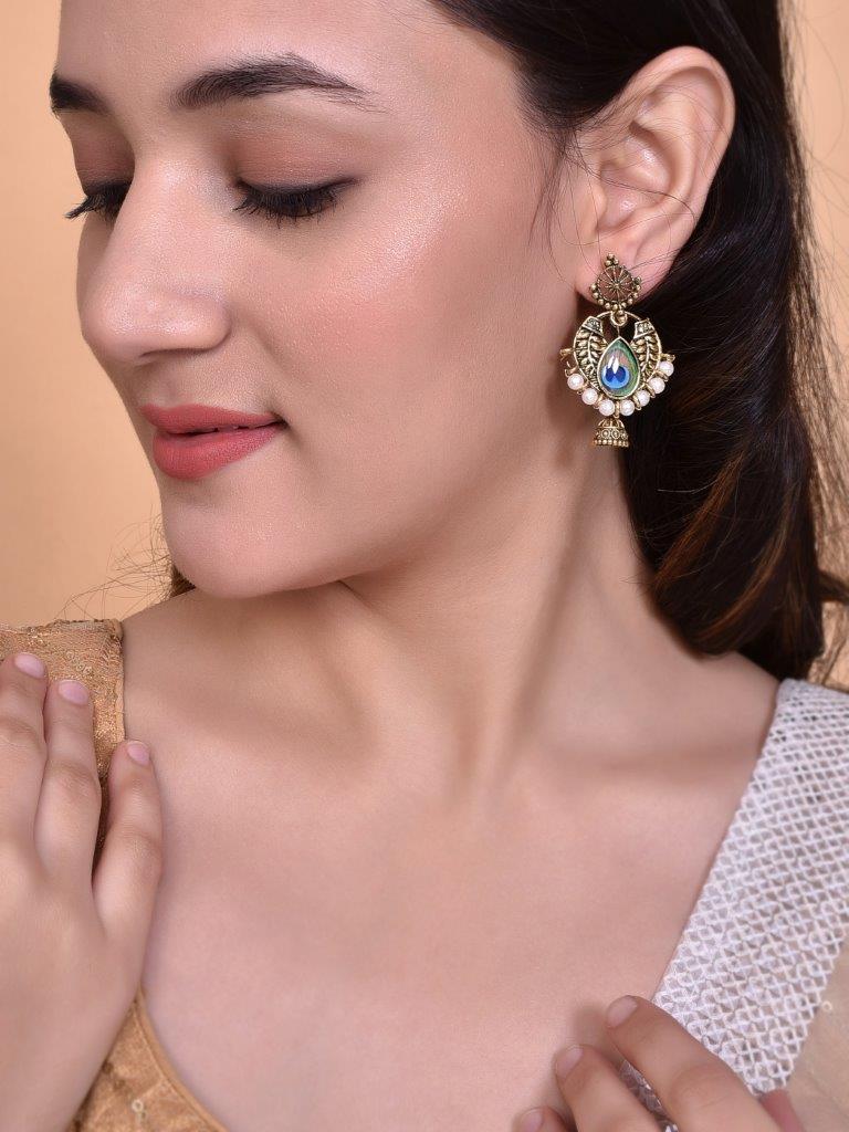 VOJ Gold-Polished Peacock Contemporay Jhumka Earrings - Swadesiicart
