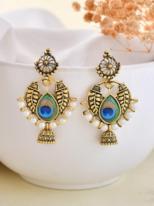 VOJ Gold-Polished Peacock Contemporay Jhumka Earrings - Swadesiicart