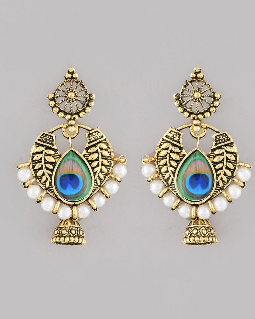 VOJ Gold-Polished Peacock Contemporay Jhumka Earrings - Swadesiicart