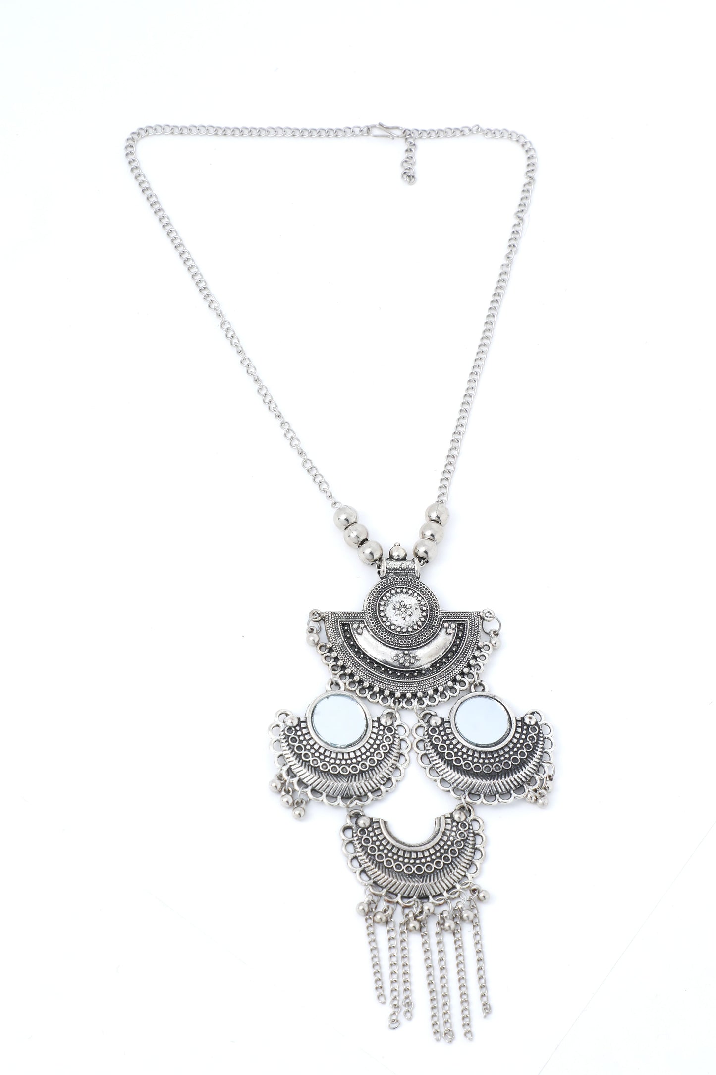 VOJ Oxidised Silver Plated Mirror And Ghungharoo Beads Jewellery Set - Swadesiicart