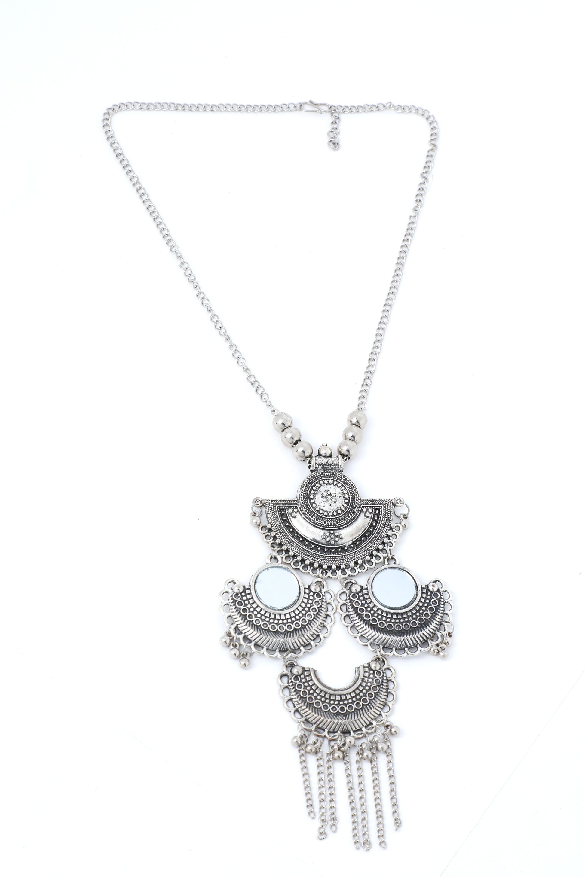VOJ Oxidised Silver Plated Mirror And Ghungharoo Beads Jewellery Set - Swadesiicart