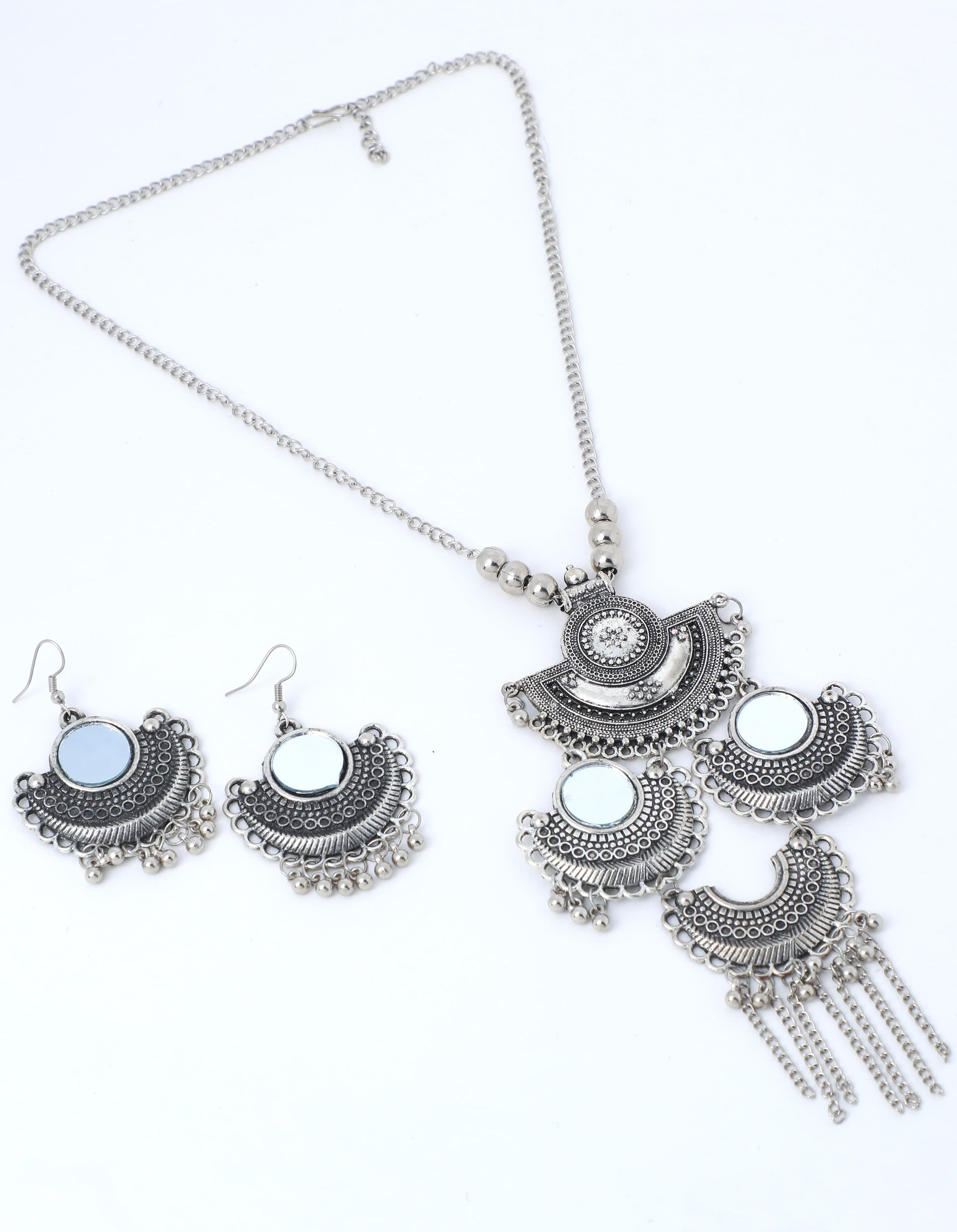 VOJ Oxidised Silver Plated Mirror And Ghungharoo Beads Jewellery Set - Swadesiicart