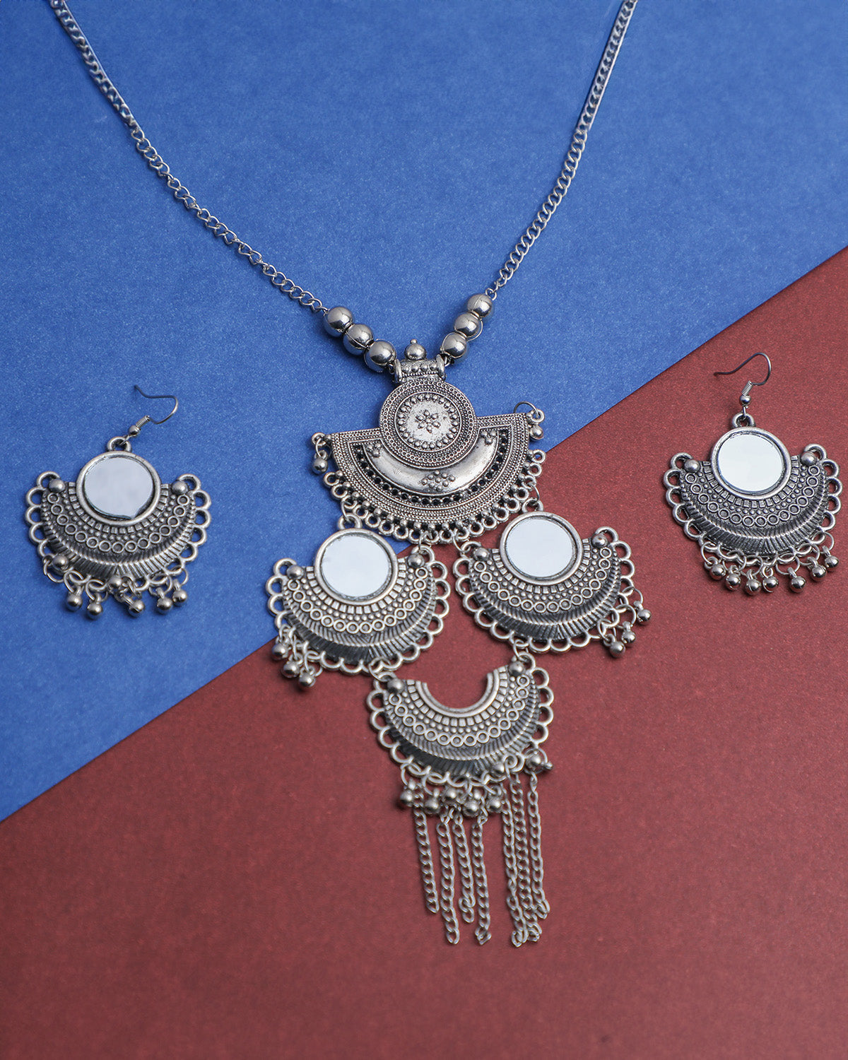 VOJ Oxidised Silver Plated Mirror And Ghungharoo Beads Jewellery Set - VOJ (Valley Of Jewellery)