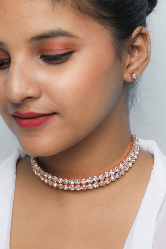 VOJ Gold-Polished Double Line Stone Studded Choker Jewellery Set - VOJ (Valley Of Jewellery)