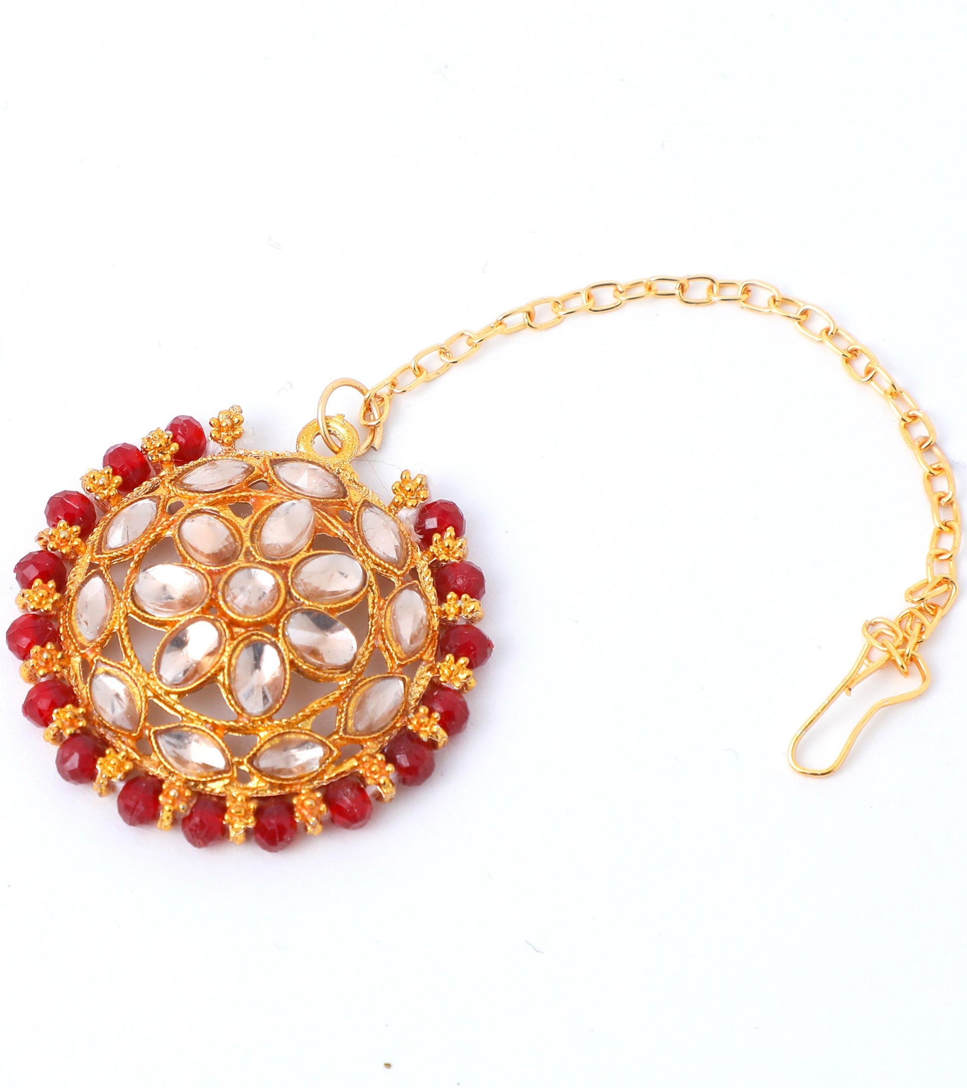 VOJ Gold-Polished Red Beads Kundan Choker Jewellery Set With Mang Tikka - Swadesiicart