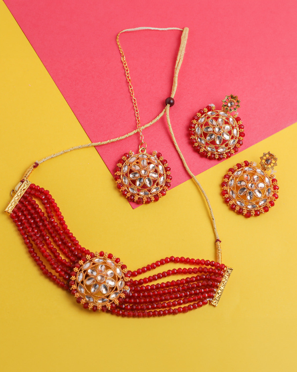 VOJ Gold-Polished Red Beads Kundan Choker Jewellery Set With Mang Tikka - VOJ (Valley Of Jewellery)